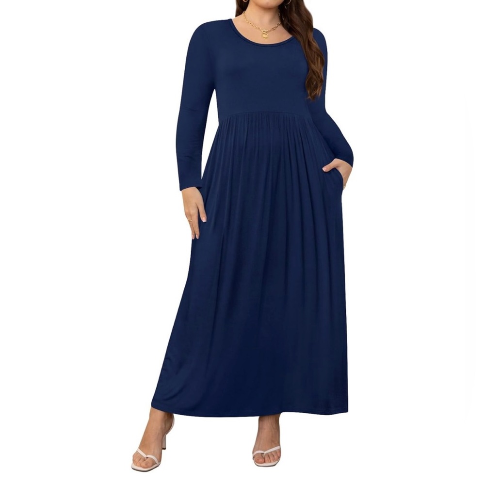 Elegant Navy Blue Crewneck Long Sleeve Casual Maxi Dress with Pockets